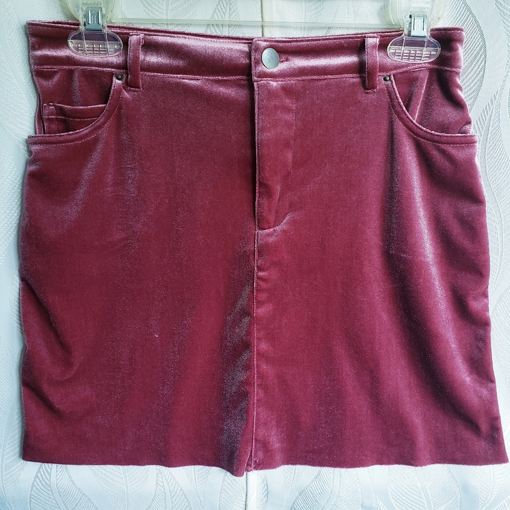 F21 Velour Berry Burgundy Raw Hem Mini Skirt